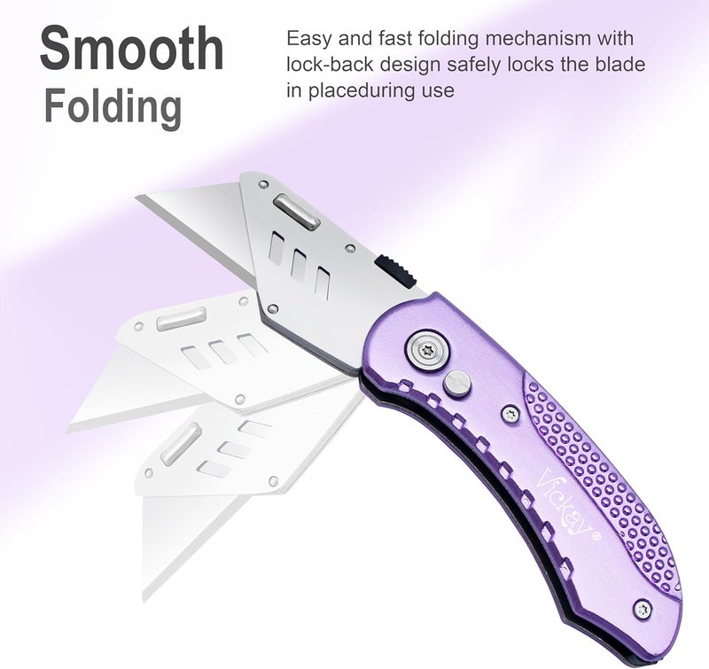 Vickay Folding Utility Knife, Box Cutter with 5 SK5 Quick Change Blades, Safety Axis Lock Design Razor Knife, Lightweight Aluminum Handle Belt Clip for Office Home Artcraft （Light Purple) - Image 5